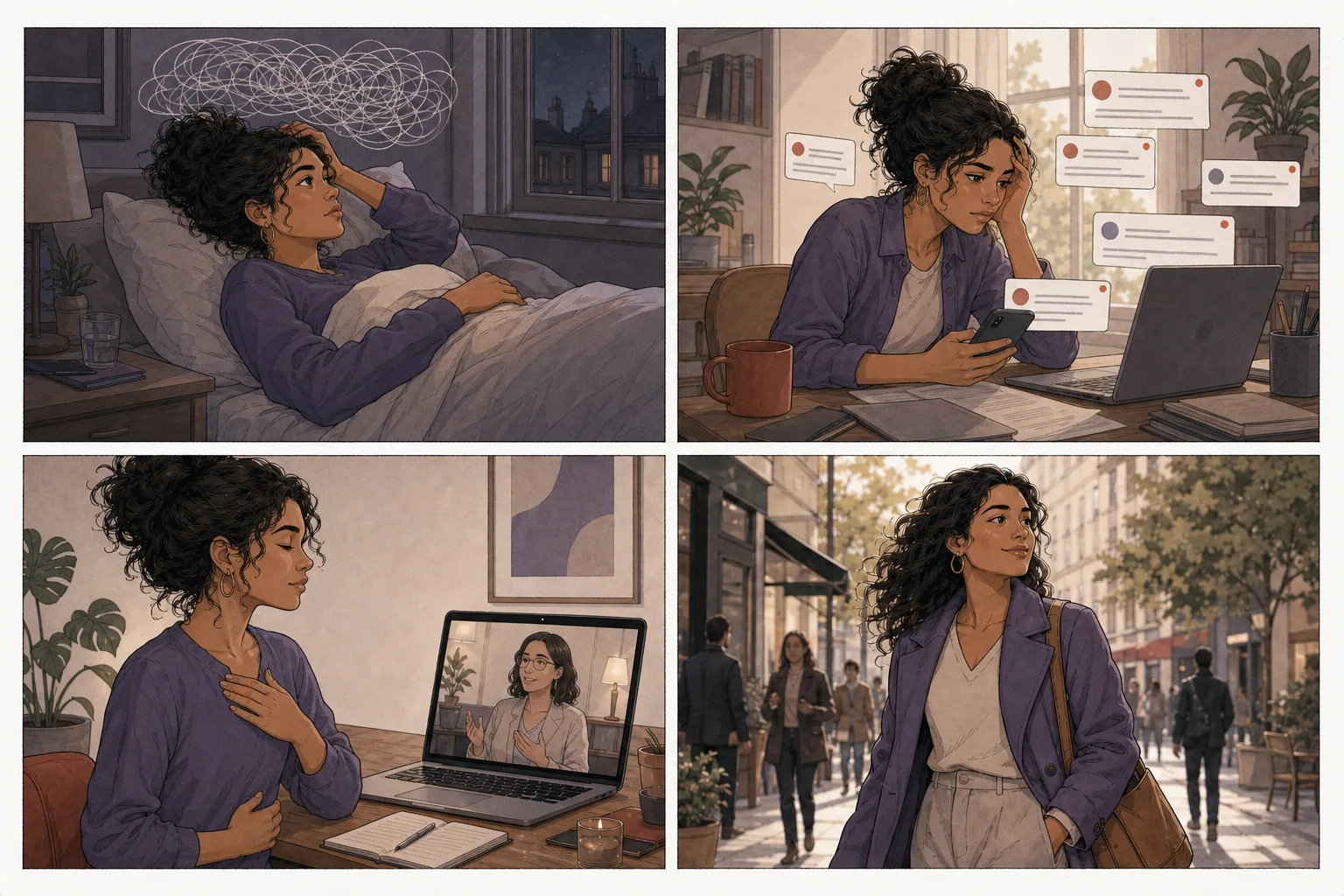 História em quatro quadros sobre uma mulher reconhecendo a ansiedade e encontrando apoio na terapia online