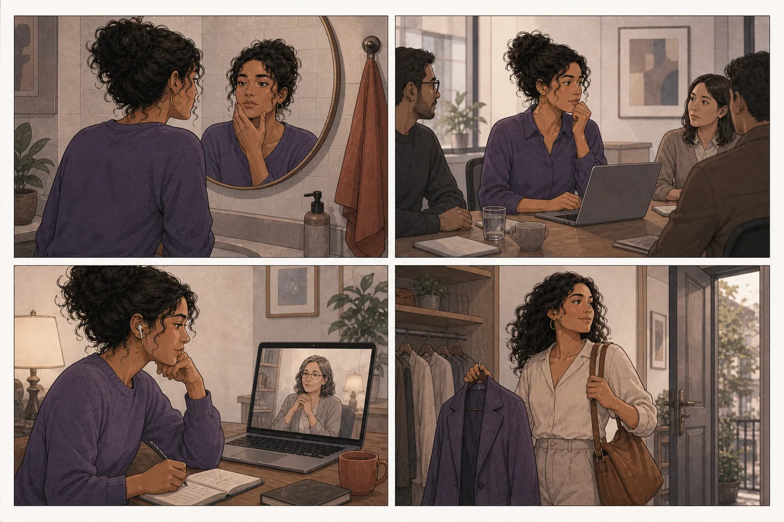 História em quatro quadros sobre uma mulher reconstruindo autoestima e confiança com apoio psicológico