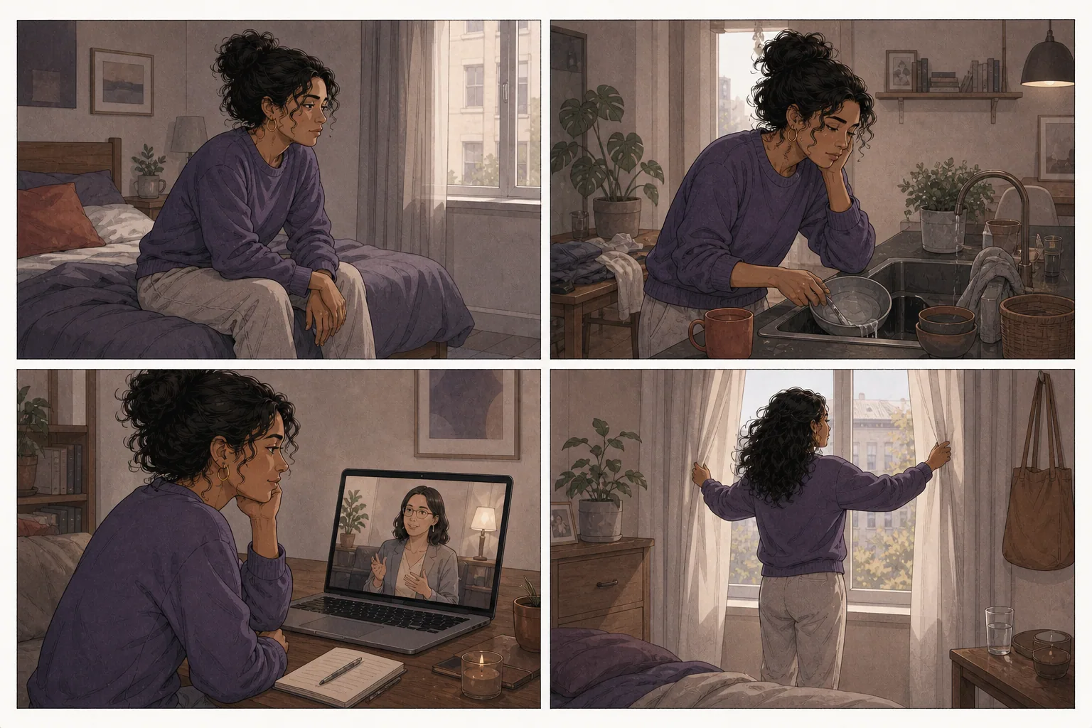História em quatro quadros sobre uma mulher com baixa energia aceitando apoio psicológico online