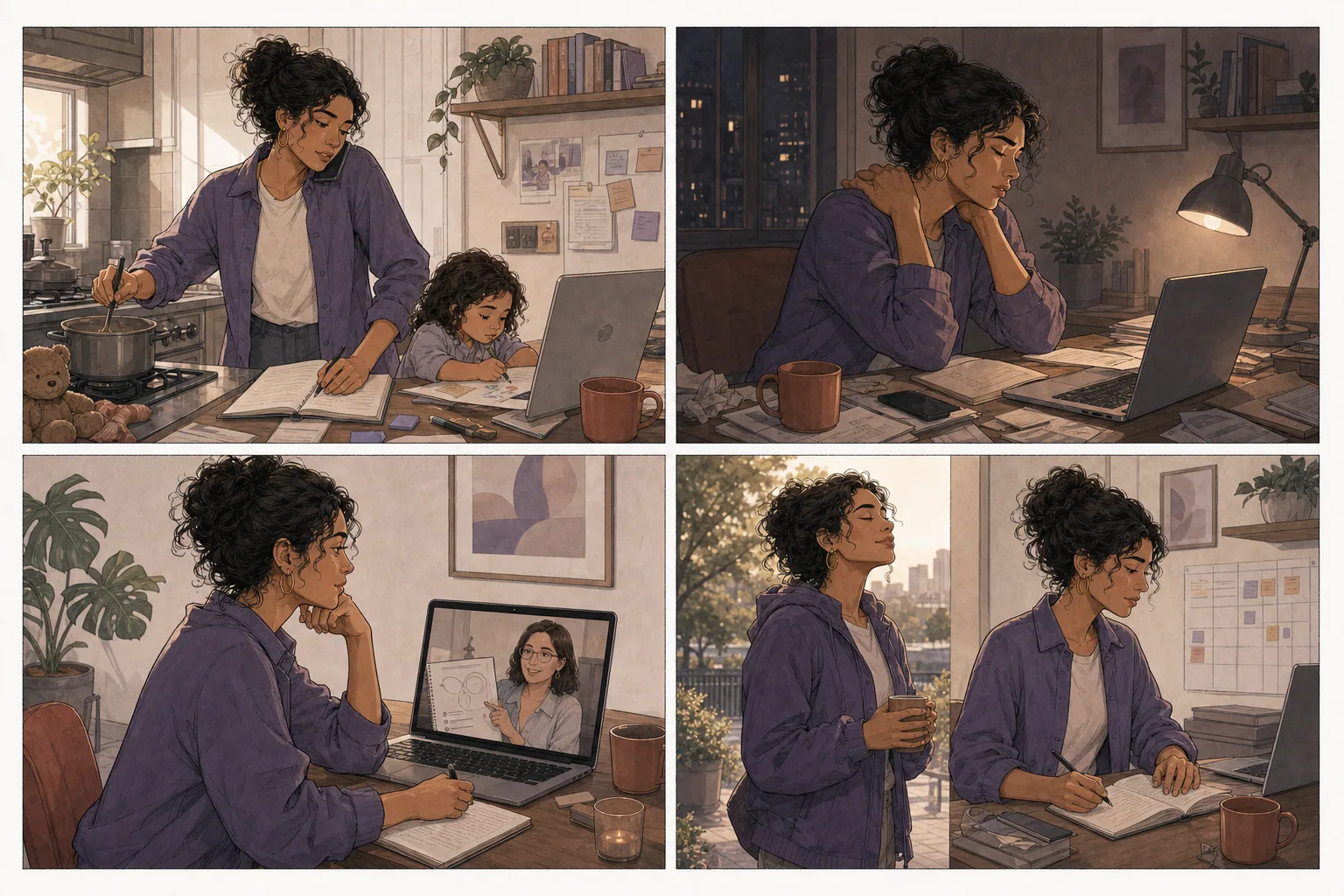 História em quatro quadros sobre uma mulher lidando com sobrecarga e construindo um ritmo mais sustentável