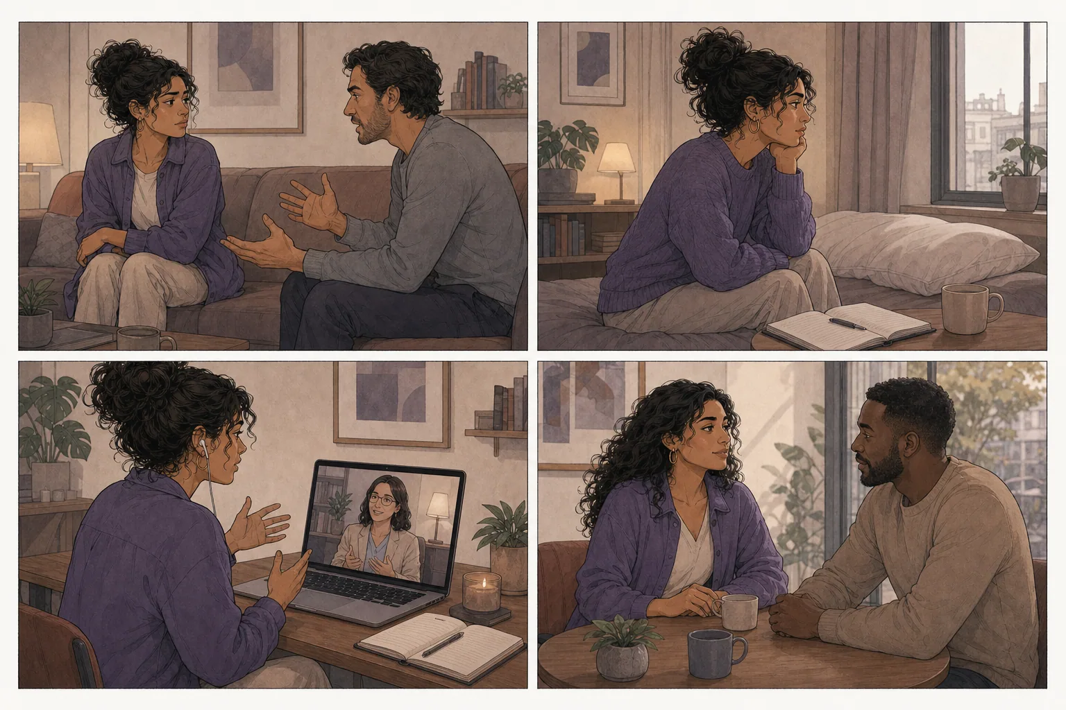 História em quatro quadros sobre uma mulher aprendendo comunicação e limites em seus relacionamentos