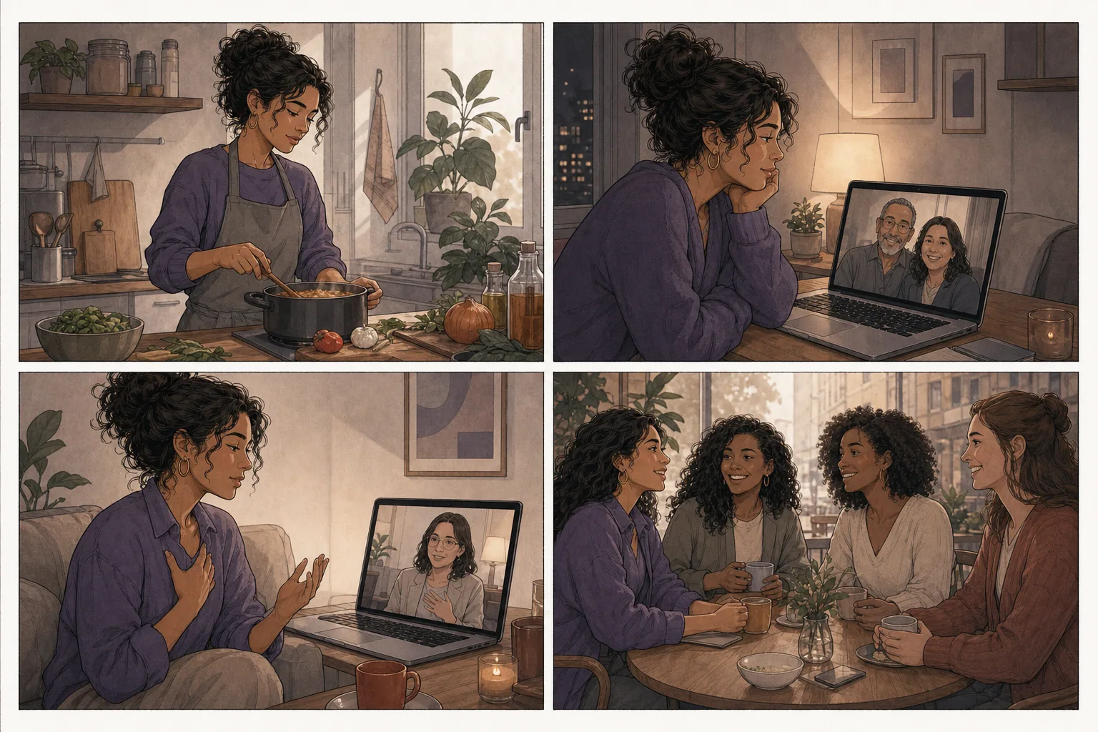 História em quatro quadros sobre saudade, terapia online e construção de uma rede de apoio no exterior